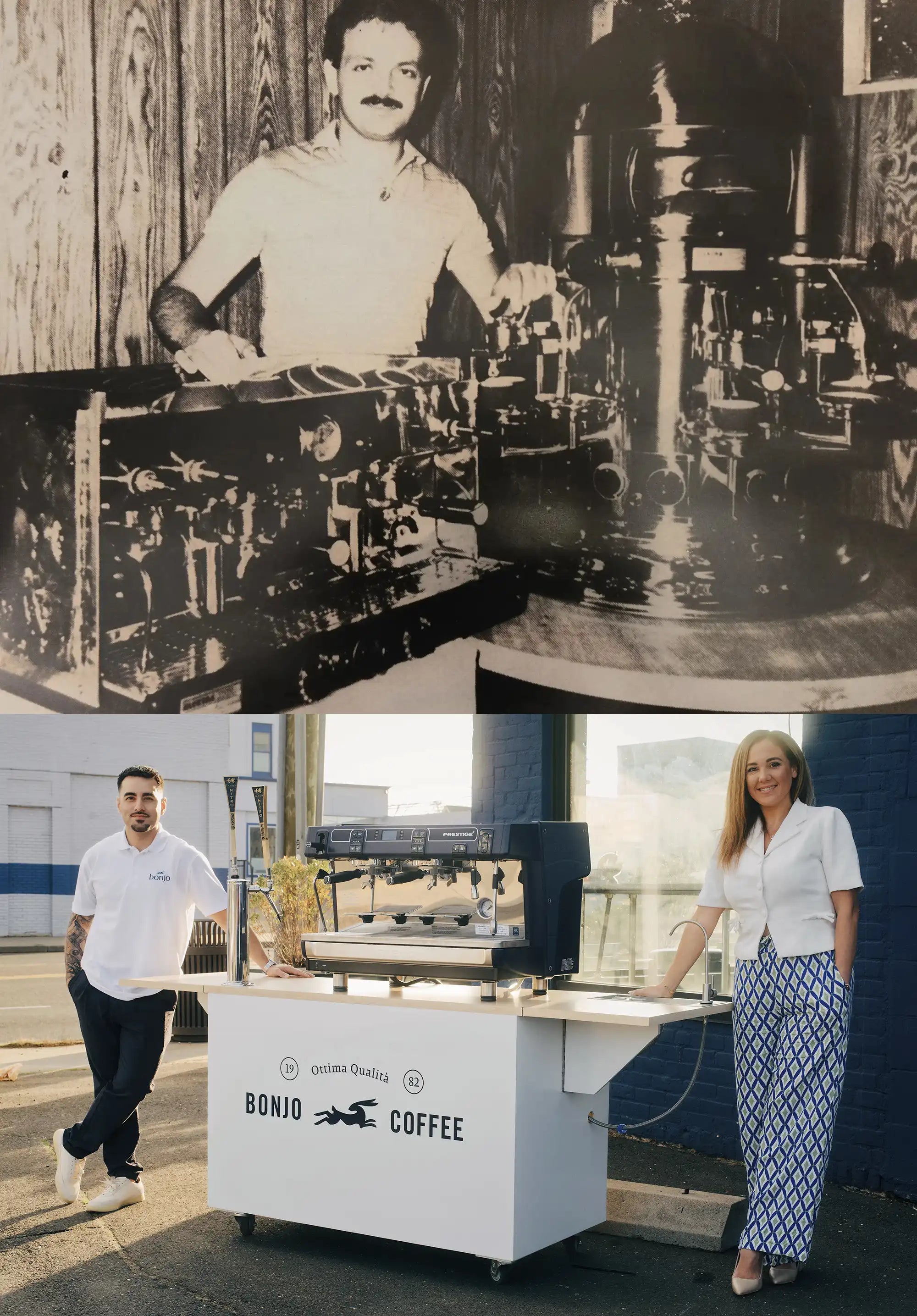 A vintage black-and-white photo of a man with an espresso machine is above a modern shot of two individuals beside a branded coffee cart outdoors.