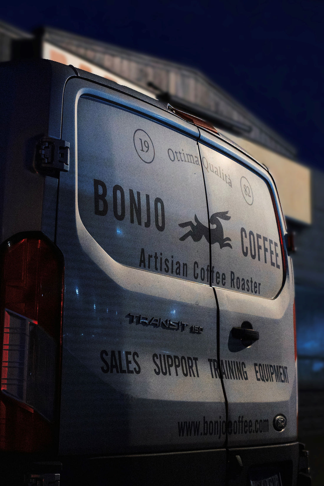 Van with Bonjo Coffee branding at night